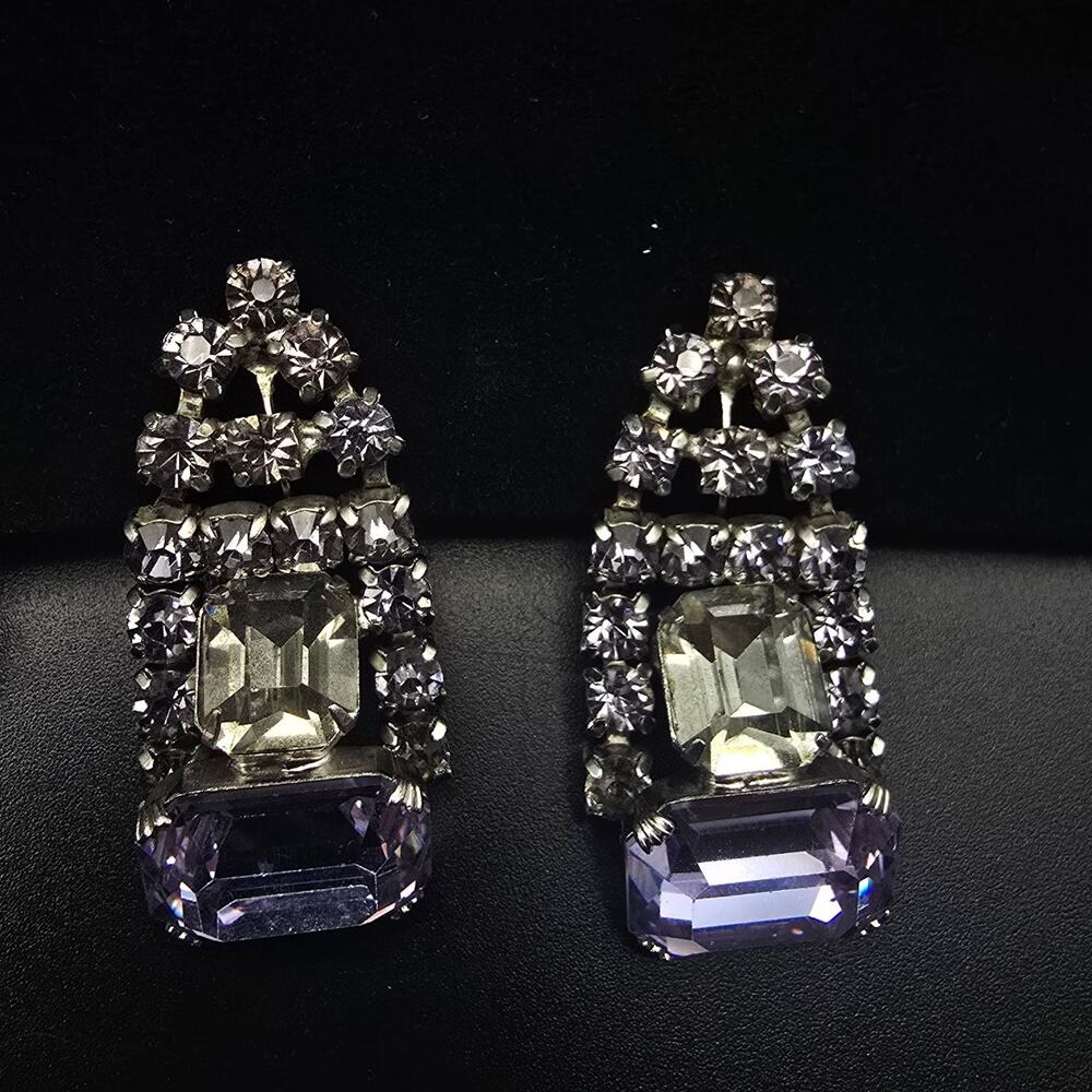 Purple Rhinestone Clip On Earrings Dangle Drop Vintage Jewelry
